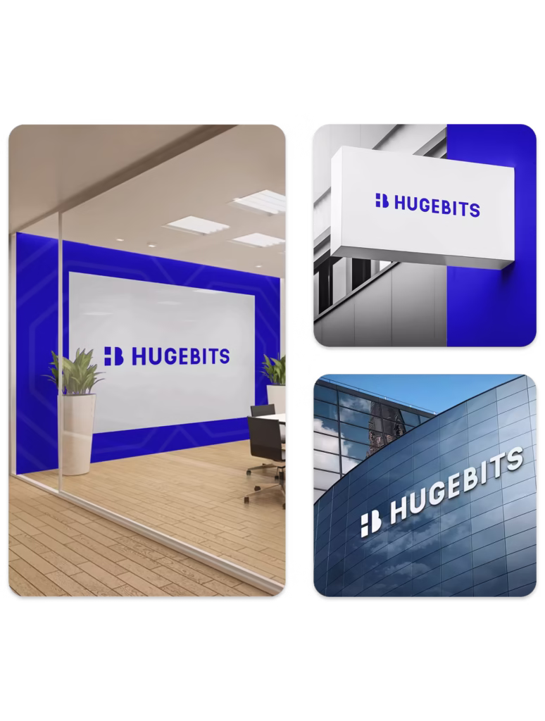hugebits logo shown in an office and on a building