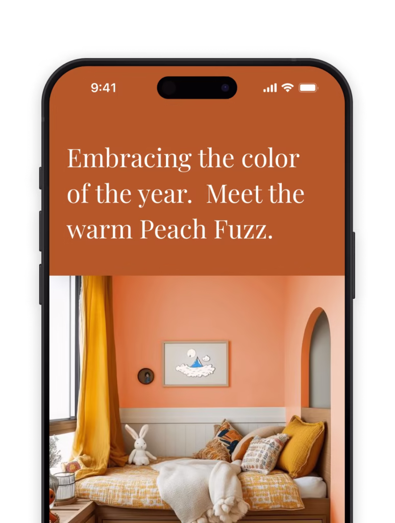 iphone that shows a bedroom decorated with a peach fuzz color